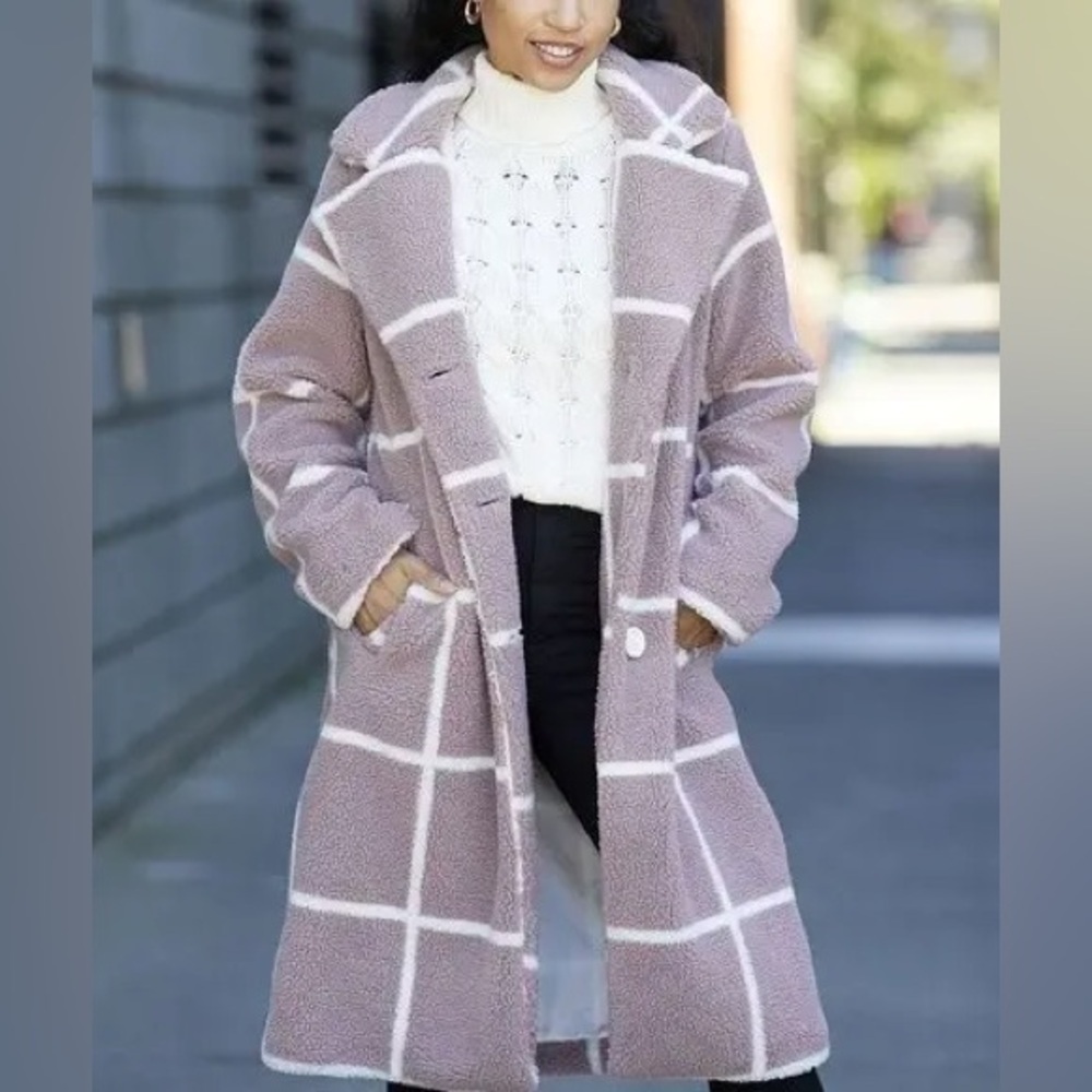 Steve Madden Dusty Pink & White Windowpane Long Teddy Coat size XXL